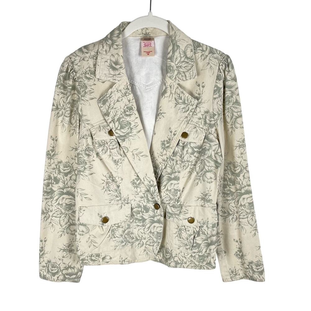 y2k Faded Glory Floral Denim Jacket Cream Sage Green Size 10 Cotton Blazer